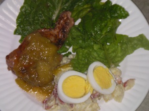 Icelandic potato salad and Lamb chops with rhubarb compote